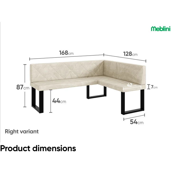 MEBLINI Eckbank für Esszimmer - Küchenbank - Essecke - Sitzecke Küche - ERIC - U-Beine 128x168x87cm Rechts - Creme Samt – Bild 7