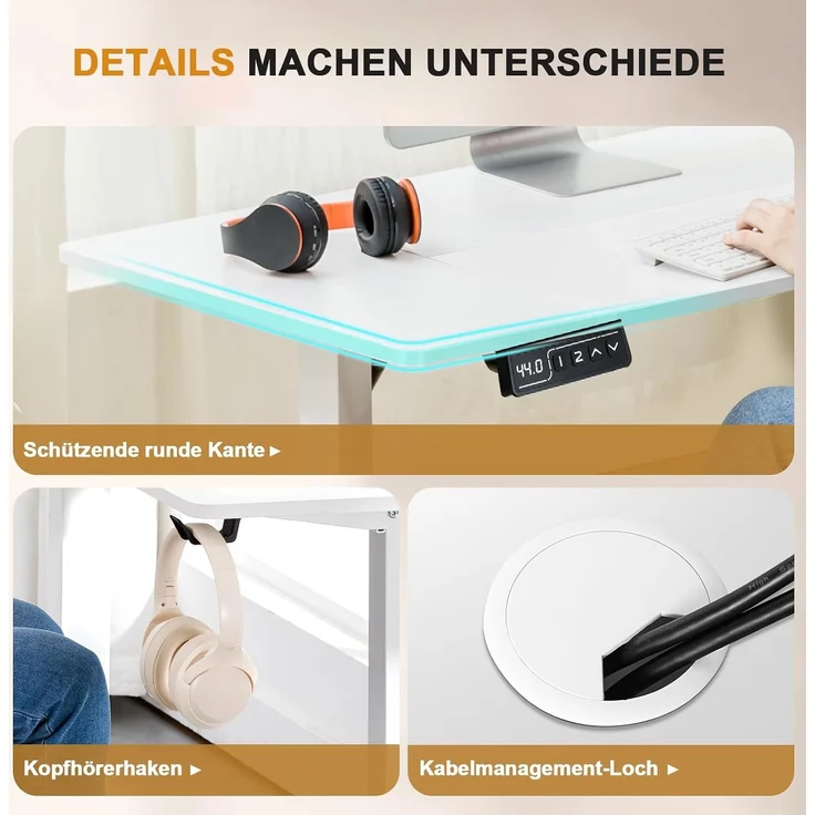 COMHOMA Höhenverstellbarer Schreibtisch 160x70 cm mit USB-Buchse und Haken, Elektrisch Verstellbarer Computertisch, Steh-Sitztisch Stehpult Stehschreibtisch Weiß – Bild 6