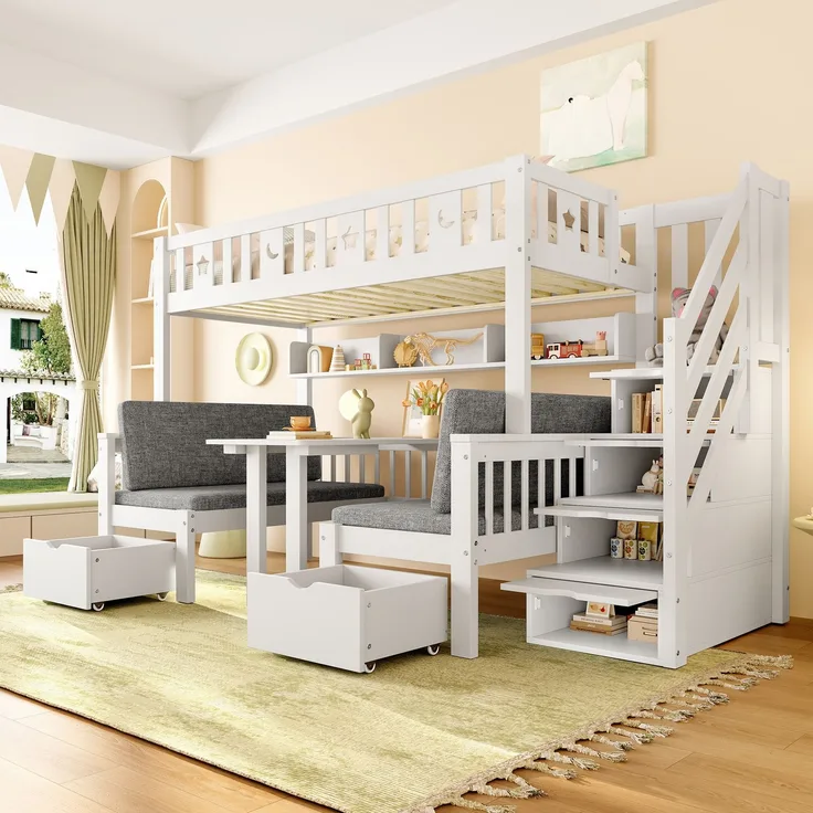 Hochbett 90x200 cm, multifunktionales Kinderbett mit integriertem Klapptisch, Stauraumleiter und gepolstertem Unterbett