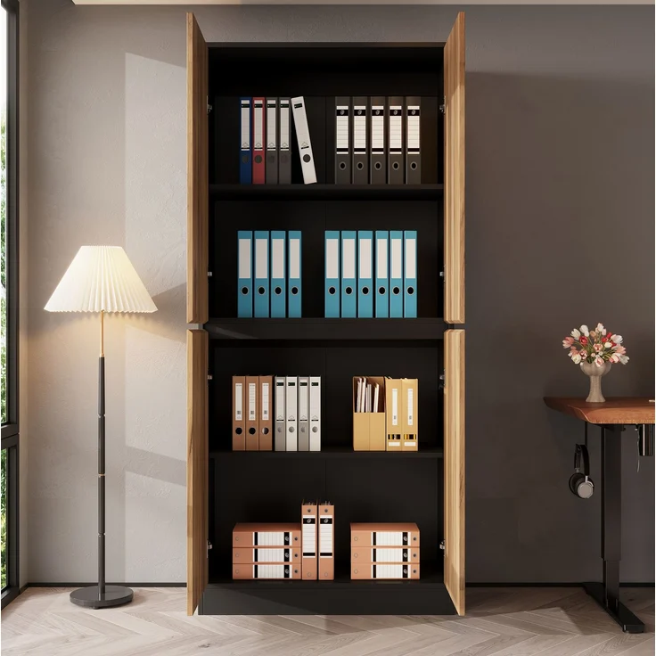 Hochschrank mit verstellbaren Einlegeböden, 80x35x180 cm, Schwarz/Eichenholzoptik – Bild 2