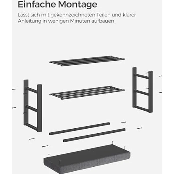 SONGMICS Schuhbank, Schuhregal mit 3 Ebenen, Schuhaufbewahrung, Sitz mit Schaumstoffpolsterung, Leinen, Metallrahmen, für Wohnzimmer Eingangsbereich, 31 x 81 x 49 cm, dunkelgrau-schwarz LBS057B01 – Bild 8