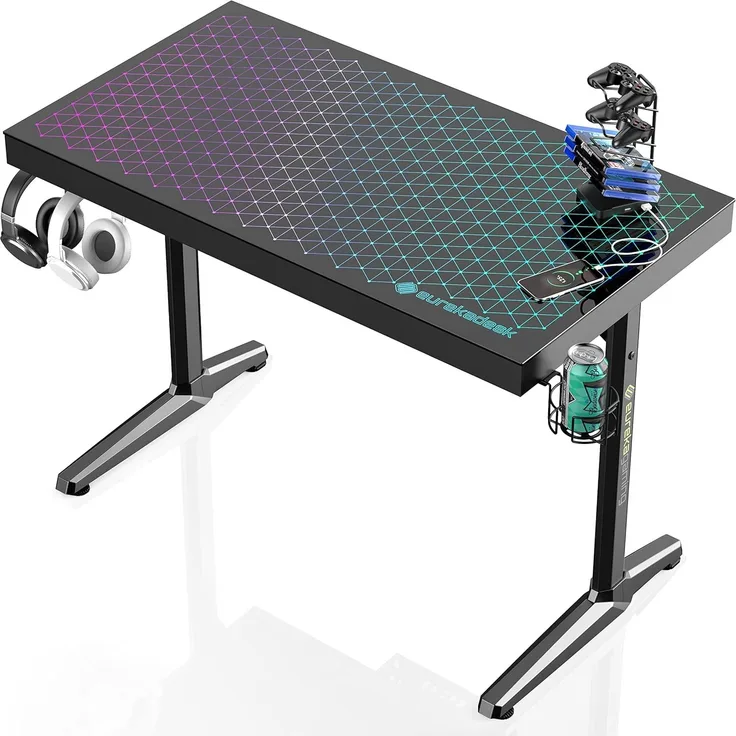 EUREKA ERGONOMIC Gaming Tisch mit RGB 110cm Gaming Schreibtisch Glass Gamer Computertisch mit Music Reactive RGB LED-Beleuchtung via App-Steuerung, Schwarz