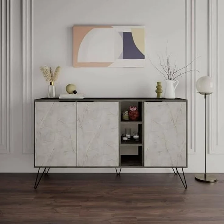 Dmora Sideboard Ashlesha 142x35,6x83h cm Beige, 4 Regale, 3 Türen – Bild 4