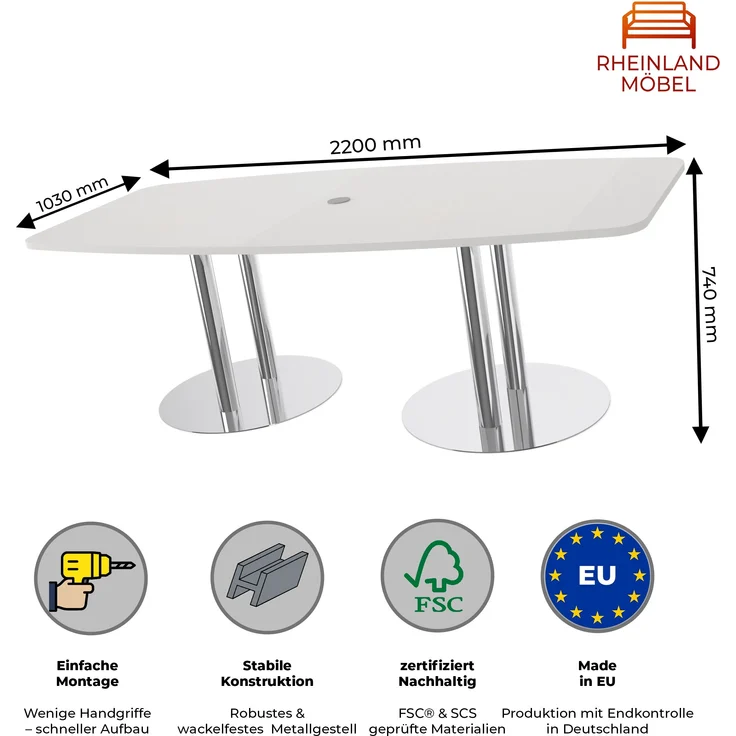 Rheinland Möbel Konferenztisch KONTI 220x103 cm – ovaler Besprechungstisch in Grau mit verchromten Säulenfüßen & Kabelauslass, Meetingtisch für 6–8 Personen, moderner XXL-Tisch fürs Büro & Besprechungsraum – Bild 3