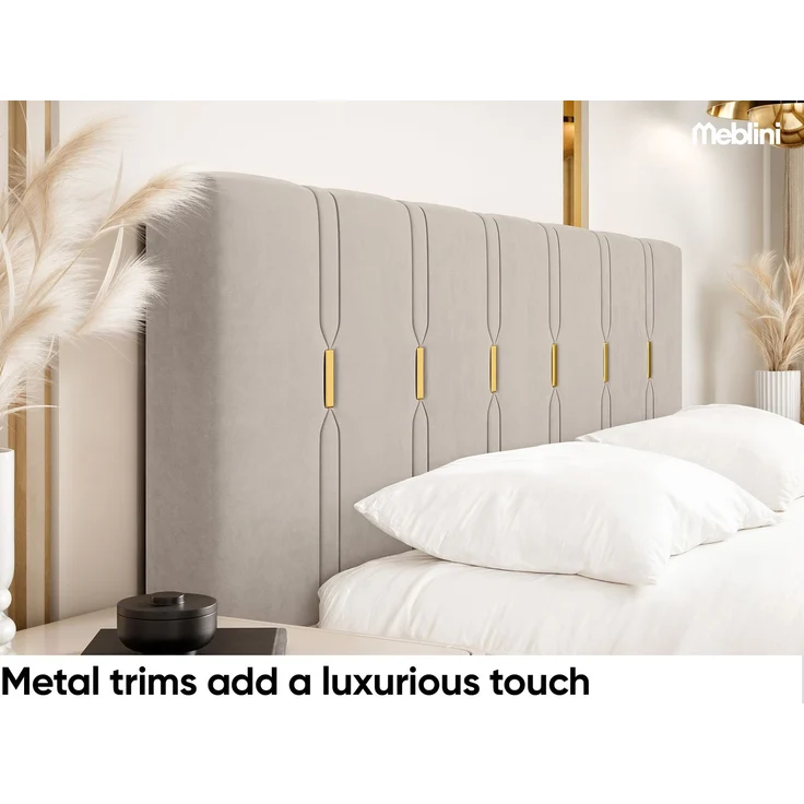 MEBLINI Polsterbett 200x200 mit Lattenrost mit Matratze – FABIO – Beige Samt – Doppelbett mit Bettkasten - Stauraumbett - Kopfteil Bett mit Stauraum – Bild 4