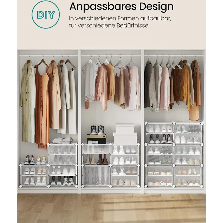SONGMICS Schuhregal, Schuhschrank, für Garderobe und Eingangsbereich, anpassbar, 16 Fächer, für bis zu 64 Paar Schuhe, wolkenweiß-transparent LPC045WH01 – Bild 5