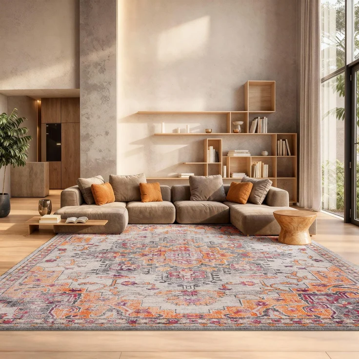 SAFAVIEH Boho Teppich für Wohnzimmer, Esszimmer, Schlafzimmer - Madison Collection, Kurzer Flor, Beige und Orange, 200x300 cm