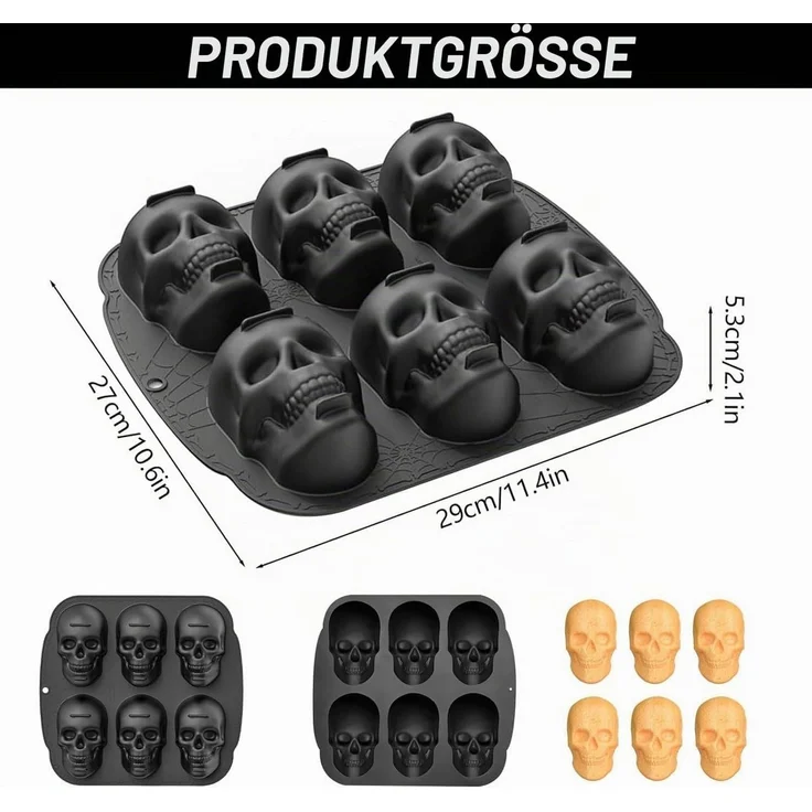 FOUORTUNATE-BEE Backform Halloween Silikonform mit 6 Totenköpfen für Eis Kuchen Schokolade Deko, Totenkopf Backform für Halloween Geburtstag Party Eis und Süßigkeiten – Bild 4