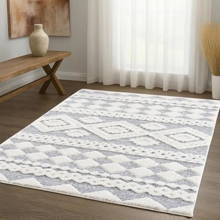 Teppich Wohnzimmer Hochflor - Boho - Pastell Cream Grau - 120x170cm - Einfarbig - Modern Raute Meliert Muster - Skandinavisch Flauschig Weich - Wohnteppich Schlafzimmer Dekoration – Bild 2