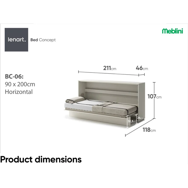 MEBLINI Schrankbett Bed Concept - BC-06 - 90x200cm Horizontal - Kaschmir mit Matratze - Wandbett mit Lattenrost - Klappbett mit Schrank - Wandklappbett - Murphy Bed - Bettschrank – Bild 7