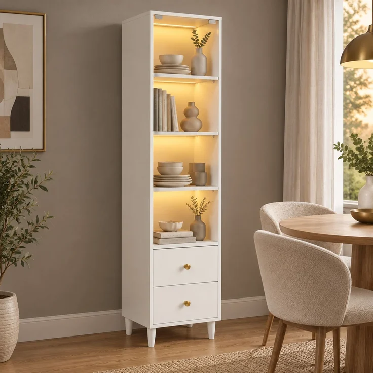 Vitrine 40 x 35 x 165 cm in Weiß mit Glastüren, LED-Beleuchtung und 2 Schubladen – Bild 3