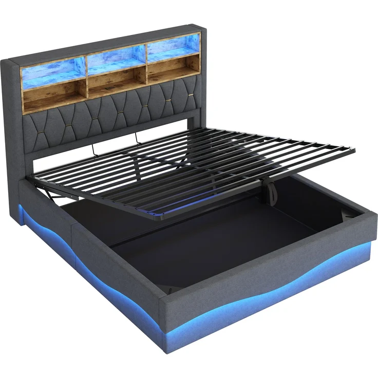 Polsterbett 180x200 cm mit Stauraum und LED-Beleuchtung – Leinenbezug & Metall-Lattenrost – Bild 9