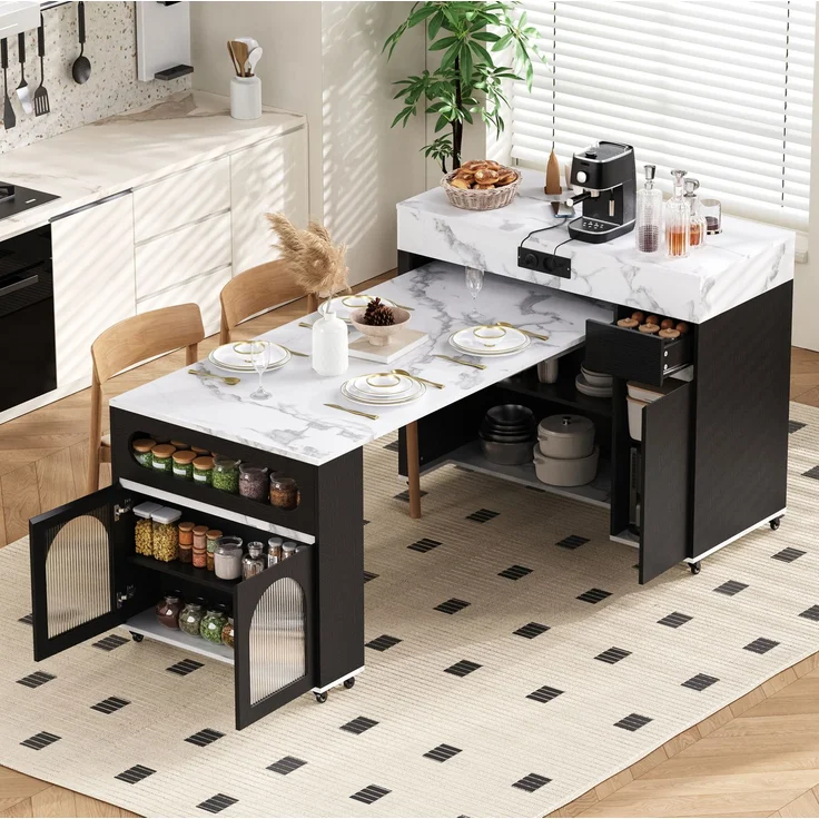 Kücheninsel aus MDF mit ausziehbarer Tischplatte, 50,5-187,5x110,5x95,5 cm, Schwarz – Bild 3