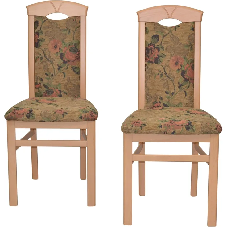 Massivholz Esszimmerstuhl "Alice"im 2er-Set, Buche, Stoff braun mit Blumendessin