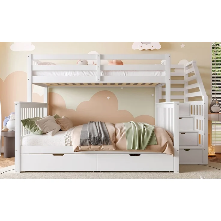 Etagenbett 90x200 cm über 140x200 cm Weiß – Kinderbett mit Sicherheitsgeländer, Leiter, 2 Schubladen, Stauraum – Bild 5