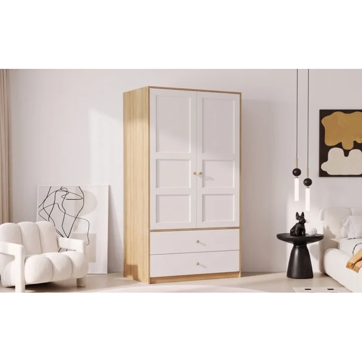 ZUBALIYA Doppeltüriger Kleiderschrank, 2-türiger Kleiderschrank, mit 2 Schubladen und Kleiderstange, Schlafzimmermöbel, Garderobenschrank, Kleiderschrank mit Kleiderstange, 100 x 48 x 180 cm,Weiß und Holzoptik – Bild 21