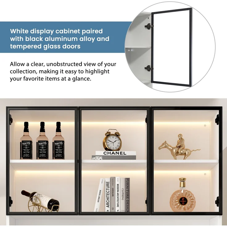 Glasschrank Tür 200cm hoch Weißer Vitrinenschrank mit LED Lichtern, Multi Storage Bücherregal für Sammlung Schlafzimmer Wohnzimmer Büro, Weiß - Schwarzer Türrahmen--Weiß--120x36x200cm--YOUDENOVA – Bild 10