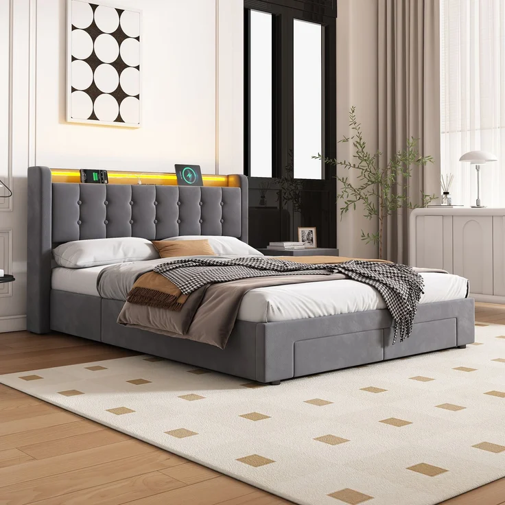 Polsterbett 140 x 190 cm, Samt, mit Bettkasten, Schubladen, USB-Anschluss und LED-Beleuchtung, Dunkelgrau – Bild 3