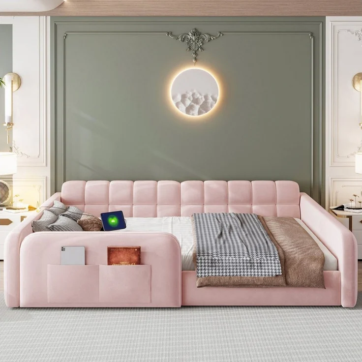 i@home Kinderbett Gepolstertes Kinderbett 140x200 cm Rosa, Samt Plattform Bettgestell (Sofa-Kopfteil,Kinderbett für Jungen- und Mädchenzimmer), mit hohe Sicherheitsgeländer,Ladeanschluss,Schublade & Nachtlicht – Bild 4