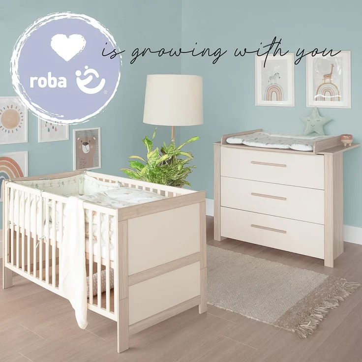 roba Babymöbel Set 2-teilig Momo - Kinderbett 70 x 140 cm umbaubar + Wickelkommode mit 3 Schubladen - Griffe aus Massivholz- Cashmere/ Tristan Eiche – Bild 10