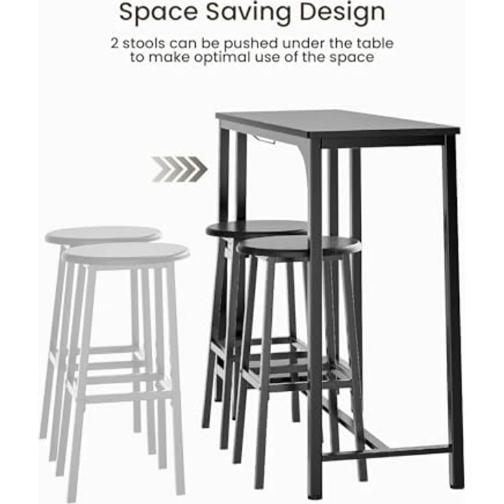Bealife Bartisch mit Barhocker-Set, Kneipentisch-Set mit 2 Ablagen und Glashalter, Küchen-Bartisch-Set für Küche, Wohnzimmer, Esszimmer (Schwarz) – Bild 3