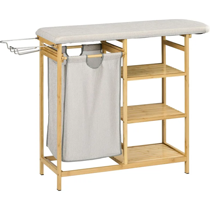 Wäschekorb 57,4 L Wäschesammler mit Bügelbrett und Bügeleisen, Wäschebox mit 3-Ebenen-Regal, ausziehbar und abnehmbare Tasche--Natürlich--113x34x82cm--YOUDENOVA