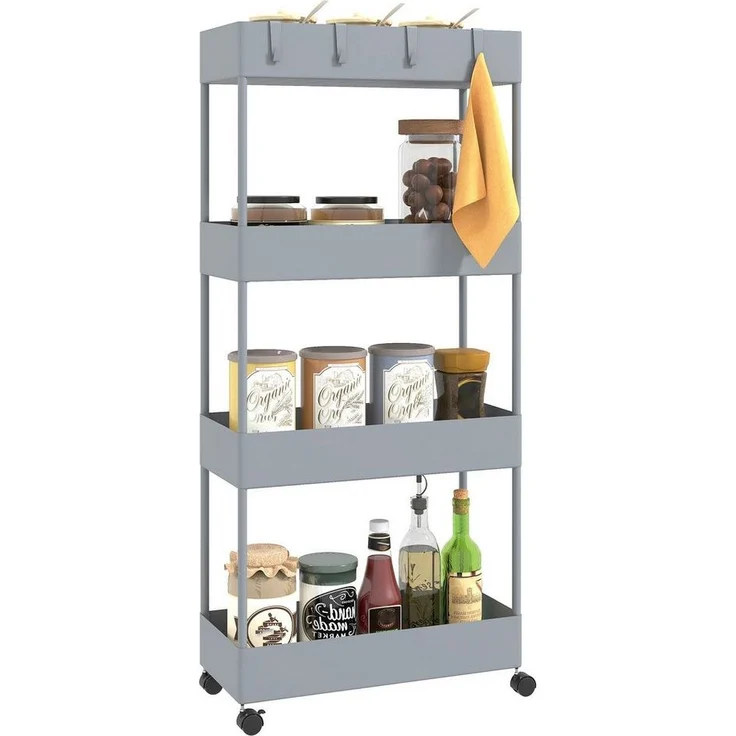HOMCOM Küchenwagen mit 4 Ebenen, Rollen, Bremsen, (Aufbewahrungsregal, 1 St, Rollwagen), für Küche, Wohnzimmer, Kunststoff, Grau, 40 x 19 x 90 cm – Bild 1