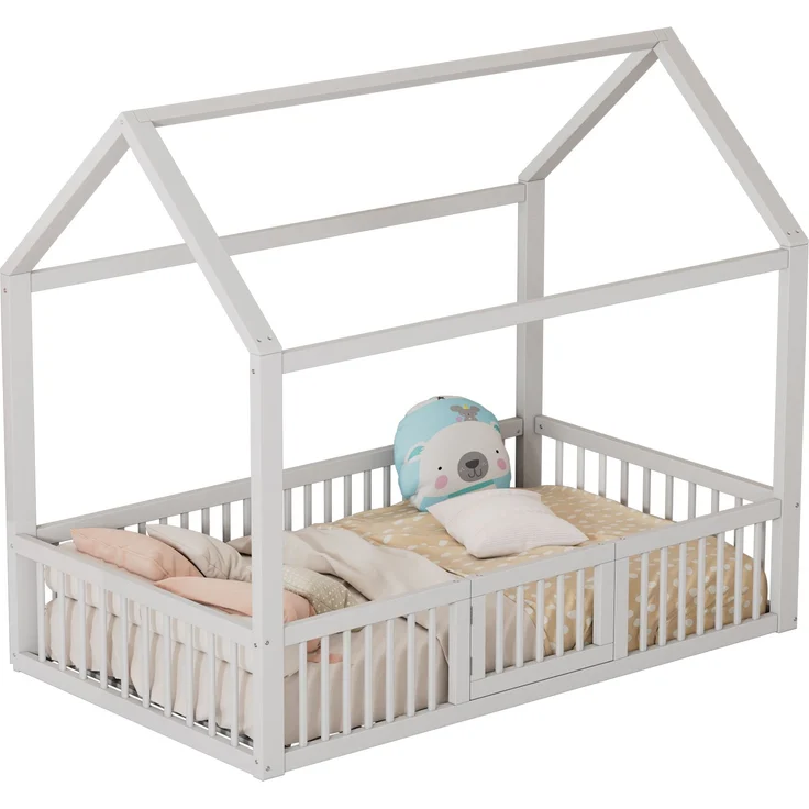 Bett 90x200 cm Hausbett aus Kiefernholz mit Türchen und Rundum-Sicherheitsgitter, ohne Matratze, Weiß – Bild 7