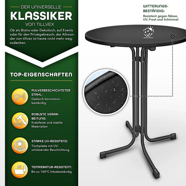 tillvex® Gastro Stehtisch klappbar Ø60cm schwarz | Bistrotisch FERTIG MONTIERT | Klapptisch rund - wetterfester Partytisch | Gartentisch Indoor & Outdoor – Bild 2