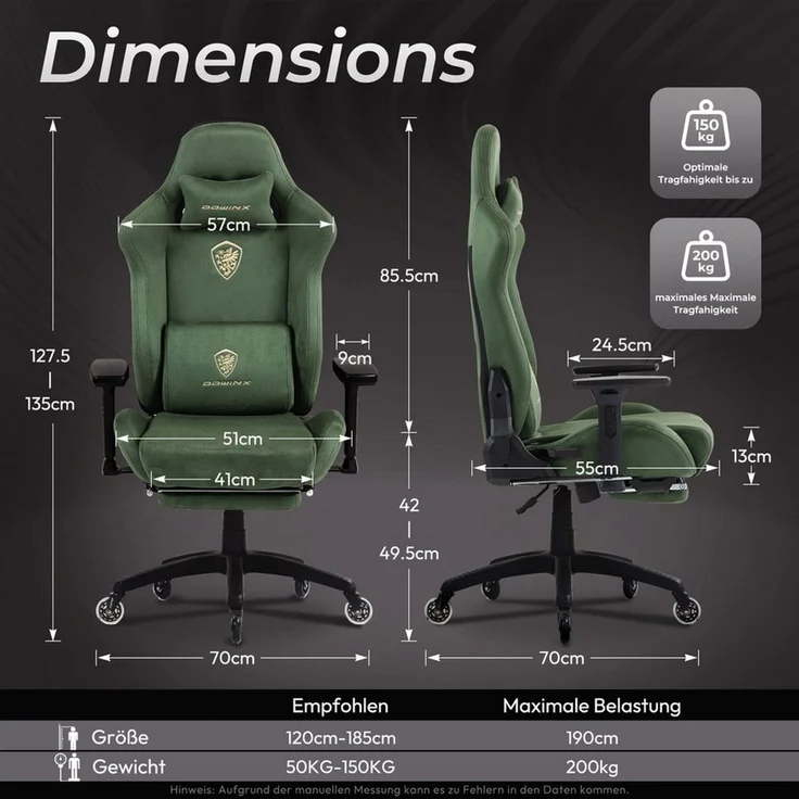 Dowinx Gaming-Stuhl Atmungsaktiver und Ergonomischer Bürostuhl aus Mikrofaser-Velours (Packung), Mikrofaser-Velours, Ausziehbarer Fußstütze, Armlehnen Verstellbar – Bild 1