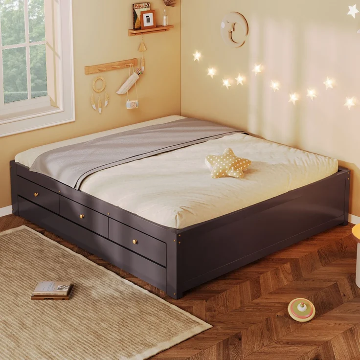 Holzbett 140x200 cm mit 3 Schubladen und ausziehbarem Gästebett – Kaffeebraun (ohne Matratze) – Bild 3