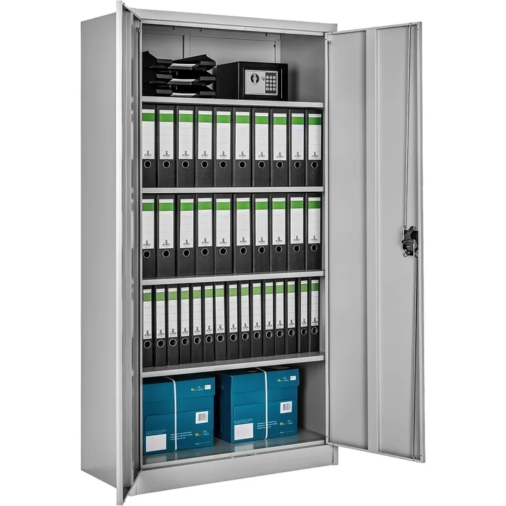 TecTake Aktenschrank mit Fächern, abschließbar, grau, 2 Flügeltüren, 180 x 90 x 40 cm