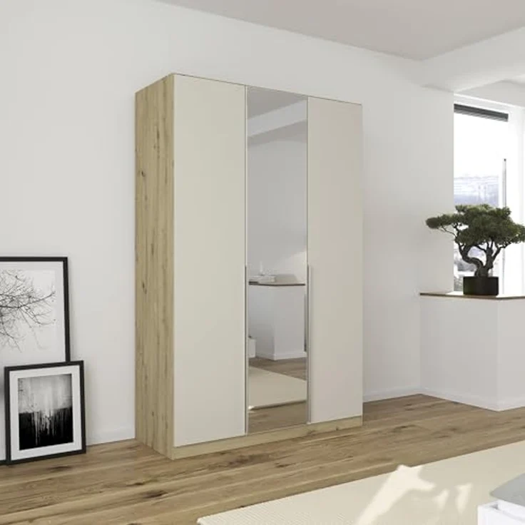 Rauch Möbel Alabama, Kleiderschrank für Schlafzimmer, Kinderzimmer, Wohnzimmer, Garderobe, Flur, 3-türig, Spiegel, mit Zubehör Classic, Farbe Beige/Eiche Artisan. Holz, Breite 136 cm – Bild 2