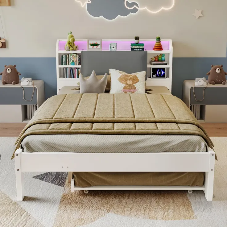 Massivholzbett mit RGB LED-Streifen, Stauraum, Lattenrost, Ausziehbett, Type-C und USB, Kopfteil mit Regal, 120x200 cm, Einzelbett, Kiefer – Bild 4
