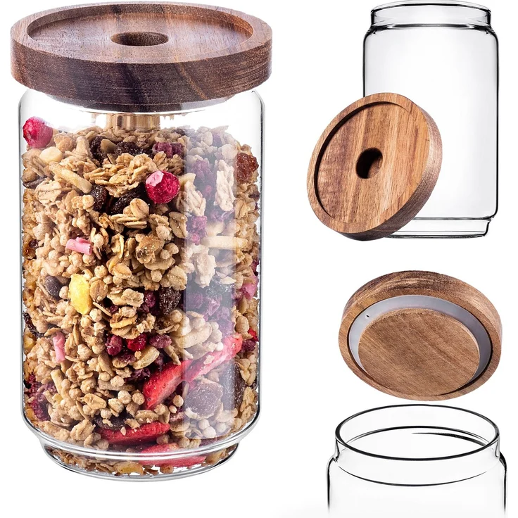 KADAX Vorratsglas 750ml mit Holzdeckel, Glasbehälter zur Aufbewahrung von Lebensmitteln, Vorratsgläser mit Deckel, Vorratsbehälter aus Glas, Vorratsdosen – Bild 2