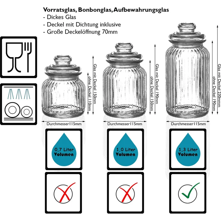 BigDean Vorratsglas 3x Bonbonglas 1,3 Liter Nostalgie Glas Behälter Vorratsdose 22x11cm – Bild 6