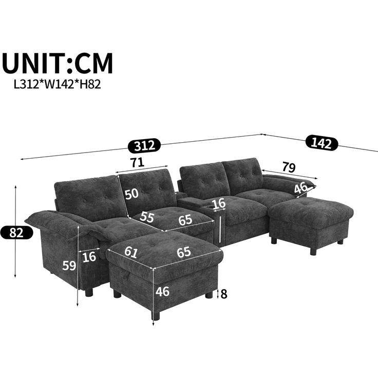DESVIAE Sofa Modular Grau aus Chenille – 312x82x142 cm – Stauraum-Hocker, LED-Beleuchtung – Bild 10