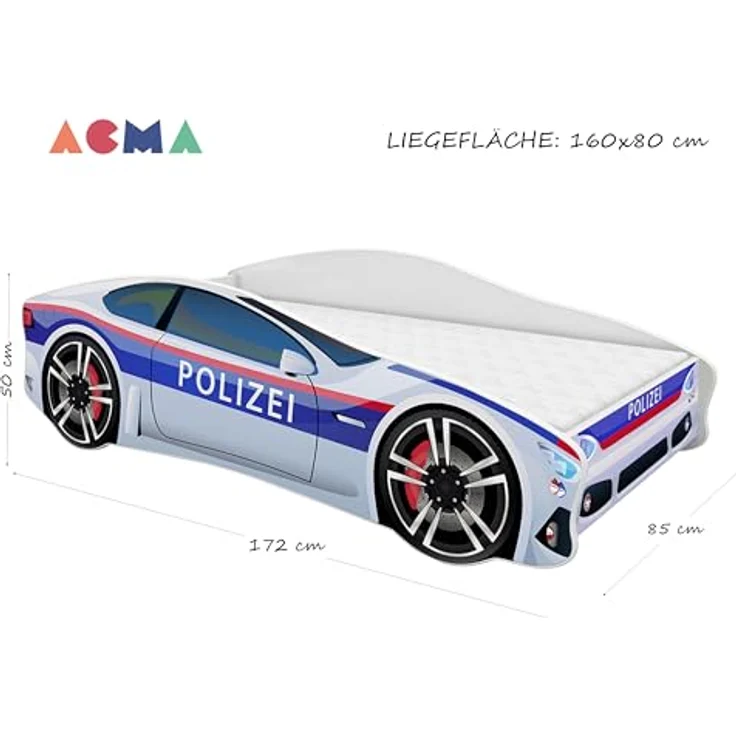 ACMA Kinderbett Auto-Bett Polizei mit Rausfallschutz, Lattenrost und Matratze (Polizei 3, 160x80 cm + Name) – Bild 4