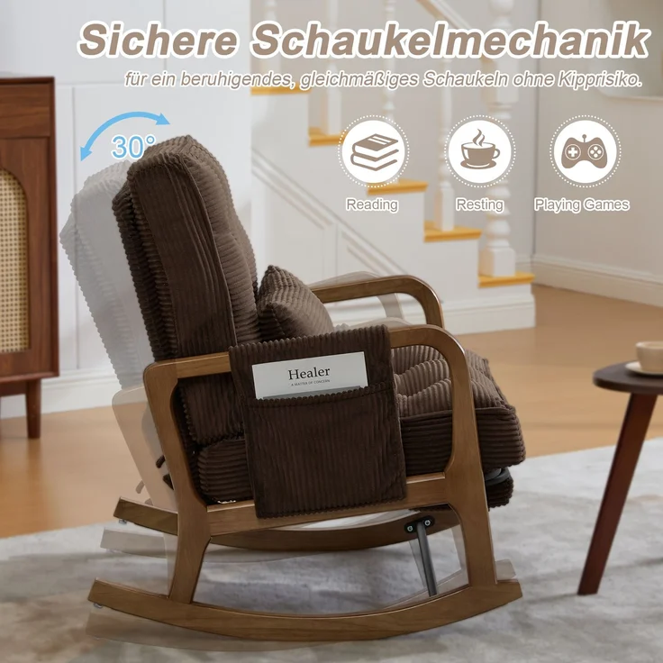 LVHOM Schaukelstuhl mit ausziehbarer Fußstütze, Relaxsessel mit verstellbare Rückenlehne, Loungesessel mit Seitentasche, bis 150 kg belastbar, Braun – Bild 8