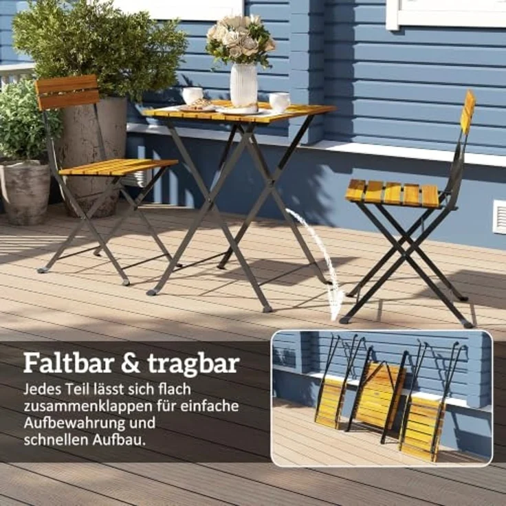Outsunny Balkonset Esstisch mit 2 klappbare Stühle, Bistroset mit Stahlgestell, (Sitzgruppe, 3-tlg, Essgruppe), für Terrasse, Balkon Teak – Bild 3