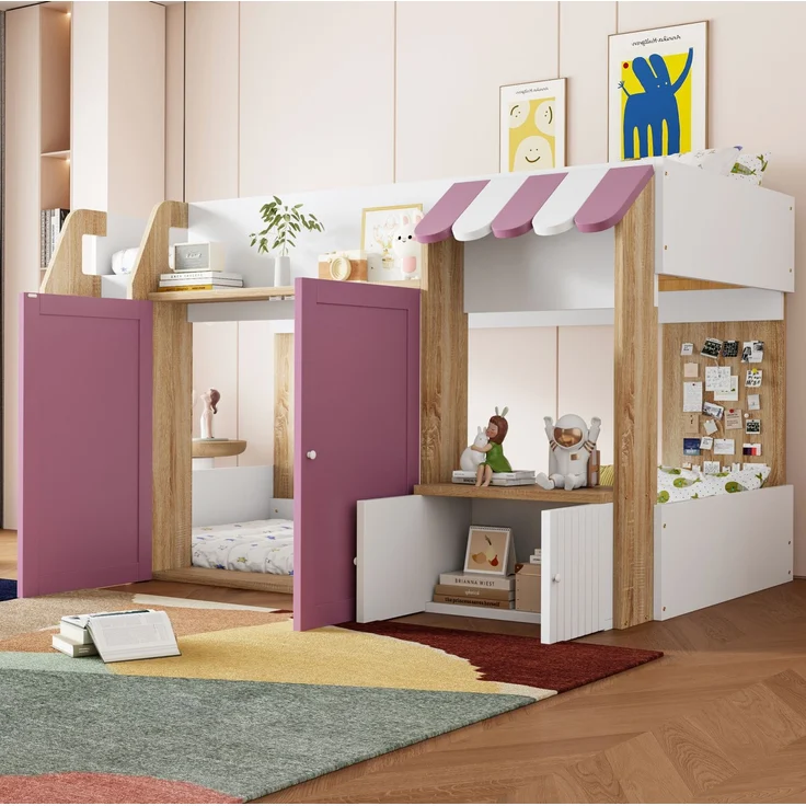 Kinder Hochbett 90x200 niedrig mit Haus-Design - Spielbett mit zweiter Liegefläche, Stauraum, breiter Leiter, weiß & Rosa – Bild 4