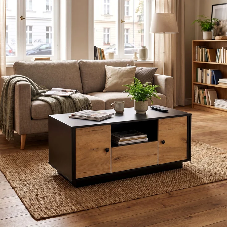 Couchtisch 100 x 50 x 45 cm, mit Schubladen, mit Ablagefächern, aus Spanplatte, Mattschwarz / Naturfarben – Bild 12