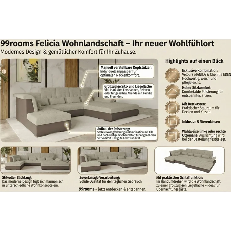 99rooms Felicia Wohnlandschaft Velours MANILA Khaki Chenille EDEN Olive Links – Bild 2