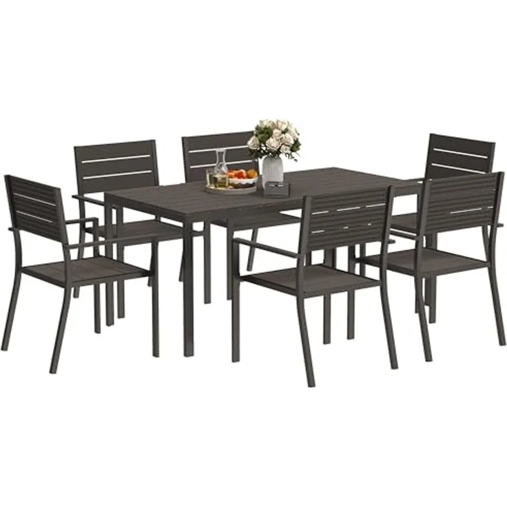 Outsunny Garten-Essgruppe mit 6 stapelbar Stühlen, geschlitzte Tisch, (Essgruppe für 6 Personen, 7-tlg, 7-teilig Sitzgruppe), für Terrasse, Balkon Dunkelbraun – Bild 1