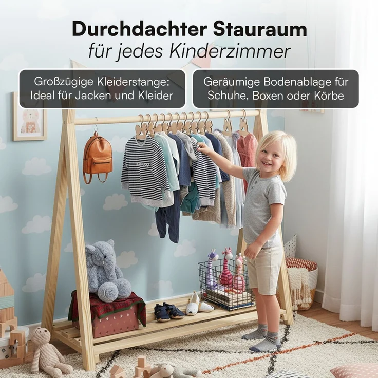 Bellabino 'Ryck' Tipi Kleiderstange, Kiefer Massivholz, natur, 112x48x115 cm, Kindergarderobe mit Schuhablagefläche – Bild 3