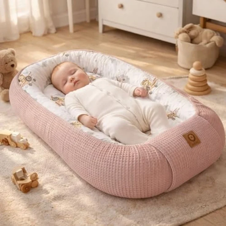 Babynestchen Neugeborene – Nestchen Baby aus Waffel Baumwolle & Baumwollstoff – Babynest für Babybett & Kinderbett – Baby Kokon Tragbar – OEKO-TEX – Zubehör für Babybett - Flugzeuge und Rosa – Bild 2