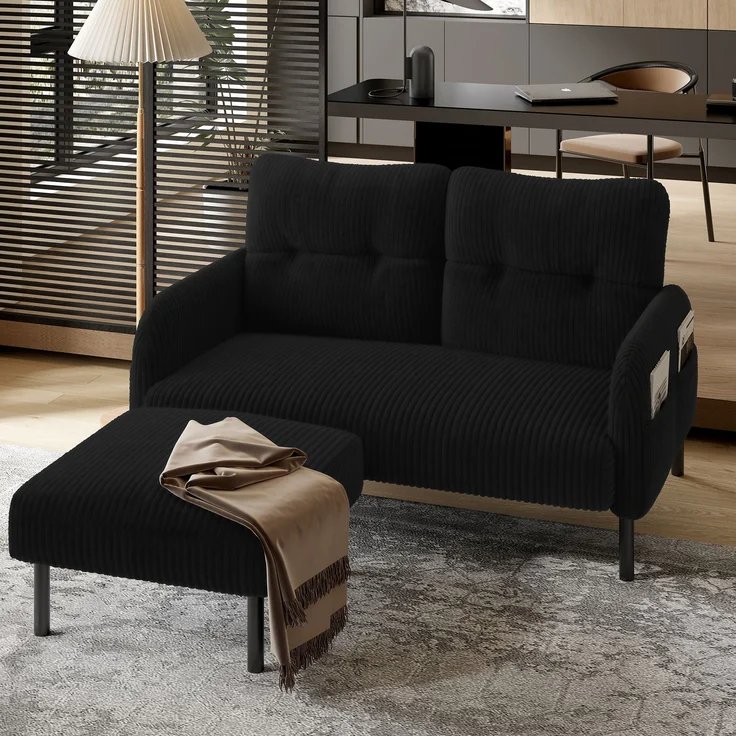 Fußhocker aus Cordstoff, moderner Polsterhocker mit stabiler Metallstruktur, weiche Polsterung & ergonomische Sitzhöhe,Schwarz – Bild 2