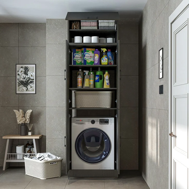 Roomart Waschmaschinenschrank DORA-II- Waschmaschinen- & Trocknerschrank mit Türen & Ausziehbrett – Waschküchenschrank für Waschmaschine & Trockner • Schwarz-Eiche – Bild 3