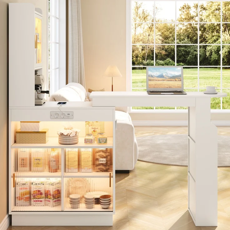 ZUBALIYA Küchenschrank mit Glastüren / Barschrank & Sideboard, mit ausziehbarer Bartisch & Stehtisch mit Stauraum und steckdose, Weiß, 131–170 x 40 x 170 cm, fürs Büro, mit LED, Samt – Bild 3