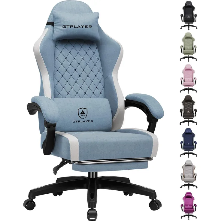 GTPLAYER Gaming Stuhl Ergonomischer, PC Stuhl Atmungsaktiver Stoff, Groß und Hoch Drehbarer Schreibtischstuhl mit Fußstütze,Verstellbare Lendenwirbelstütze und Kopfstütze,Hellblau
